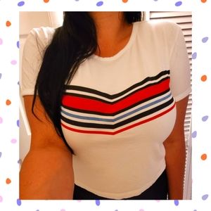 Love Peace & Lazy Days Striped Red White & Blue V Cropped Tee Patriotic Sz Large